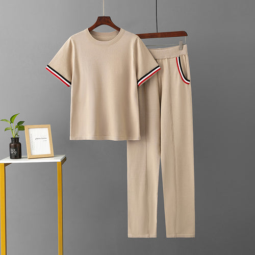 Women's Knitted Sports Summer Ice Silk Round Neck Solid Two-Piece Set