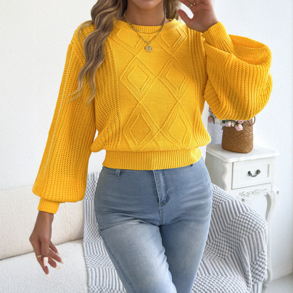 Women's Diamond-Pattern Puff-Sleeve Cropped Sweater