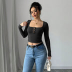 Women's Autumn Sexy Square Collar Off Shoulder Long Sleeve Women Tretch Tight Cropped T Shirt