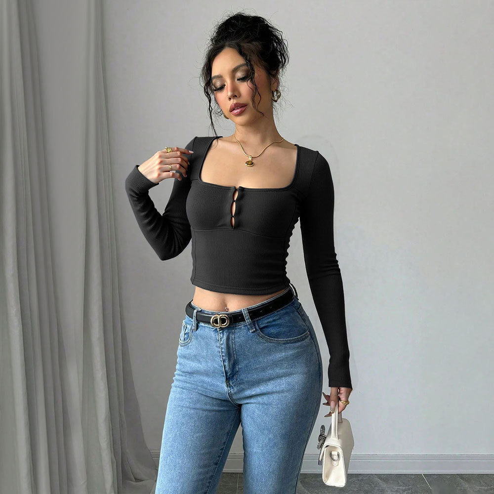 Women's Autumn Sexy Square Collar Off Shoulder Long Sleeve Women Tretch Tight Cropped T Shirt