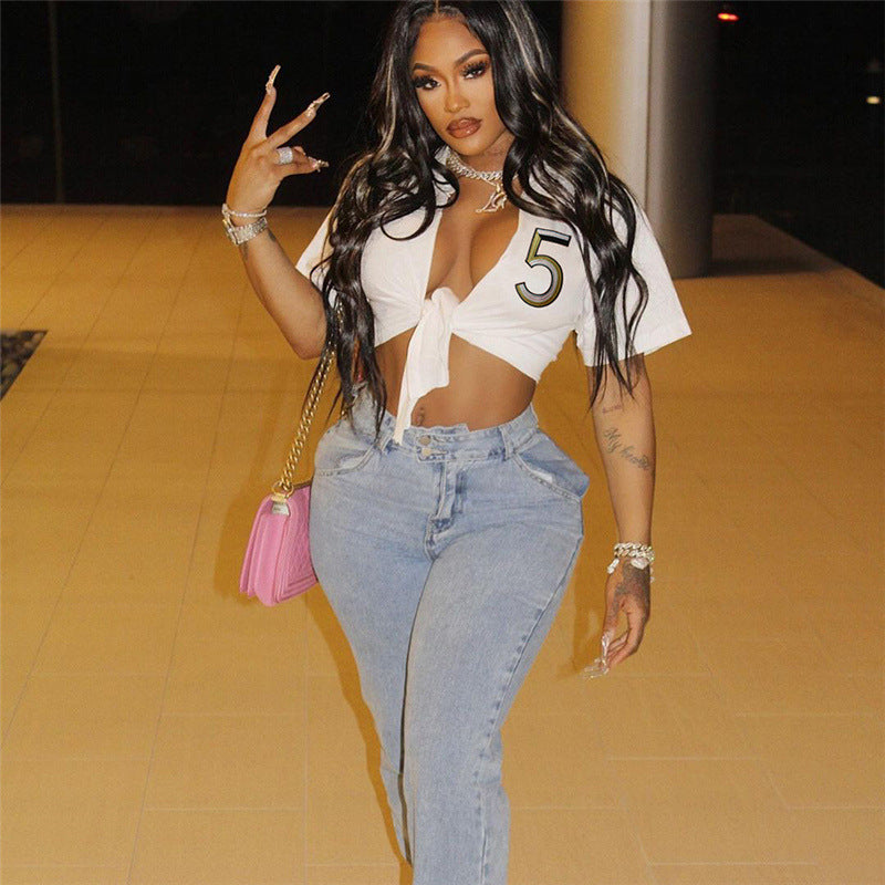 Women's Graphic Embroidered Lace-Up Crop Top
