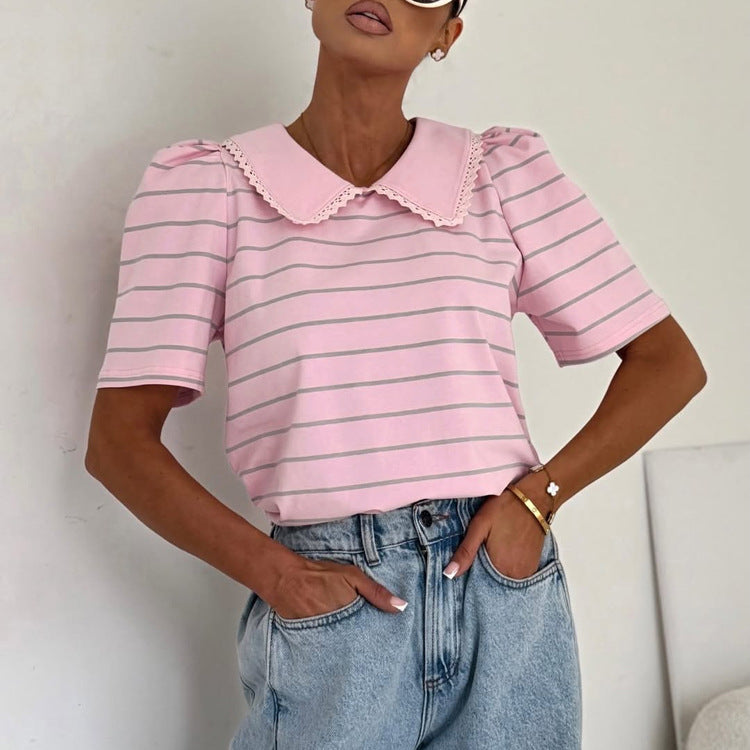Women's Peter Pan Collar Striped Embroidered Shirt