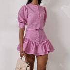 Skirt Outfit Puff Sleeve Short Top Stitching