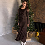 Satin Crew-Neck Long-Sleeve Maxi Dress