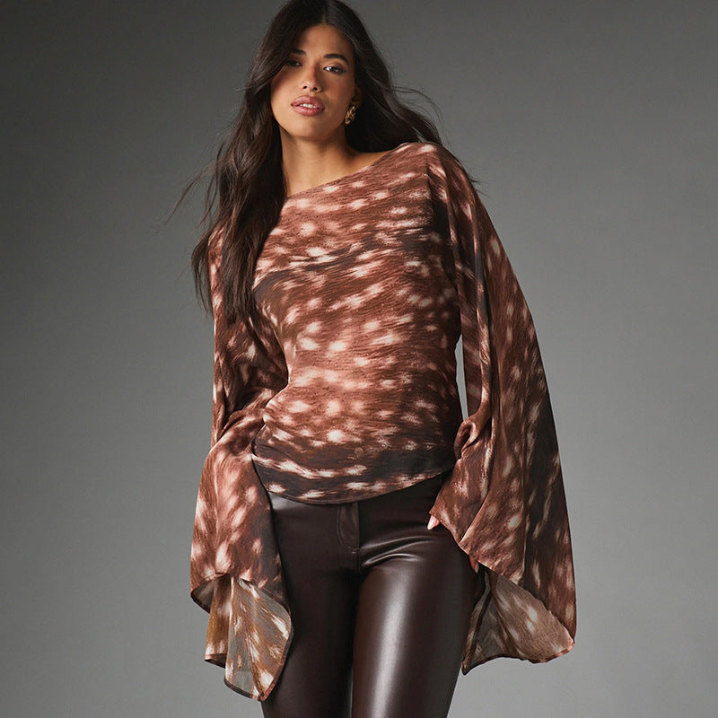 Women's Spring Casual Abstract Printing Batwing Long Sleeve Boat Neck Shirt