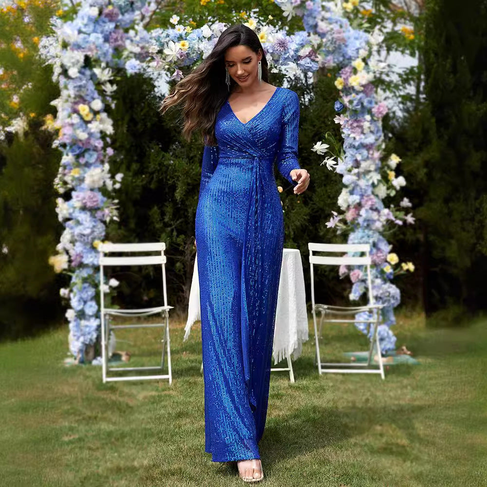 Women's Multi Color Long Sleeve V Neck Fishtail Cocktail Evening Dress