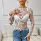 Women's Summer Long Sleeve Floral Embroidery Sheer Top Sexy Underwear