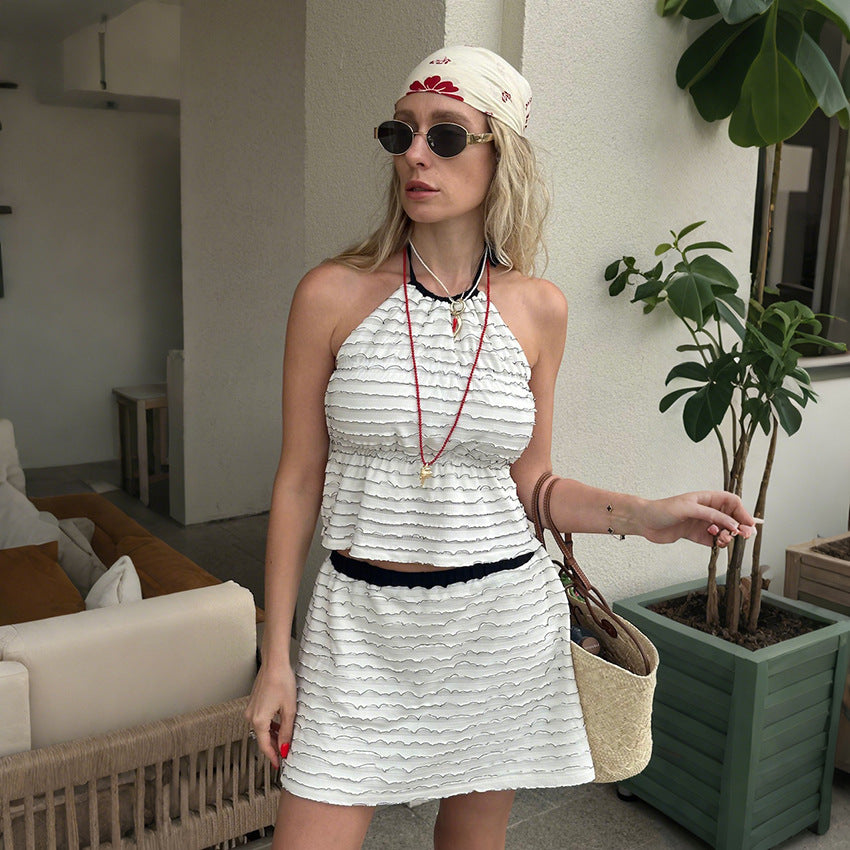 Women Summer Sexy Halter Backless Black White Contrast Color Jacquard Vest Short Skirt Two Piece Set