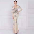 Women's Floral Sequin Evening Dress Banquet Elegant Long Sleeve Sequin Queen