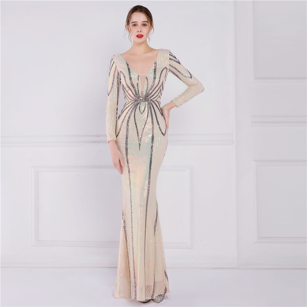 Women's Floral Sequin Evening Dress Banquet Elegant Long Sleeve Sequin Queen