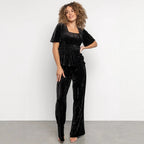Velvet Women Solid Color Pleated Slim Casual Short Sleeved