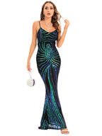 Women's Sequin Cutout V-Neck Cami Evening Maxi Dress