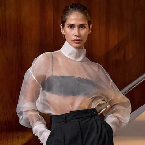 Women's Sheer Mesh Stand Collar Blouse