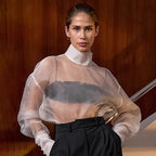 Women's Sheer Mesh Stand Collar Blouse