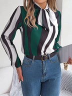 Women's Real Shot Spring Summer Elegant Contrast Color Striped Lace Up Lantern Sleeve Chiffon Shirt Top Women Clothing