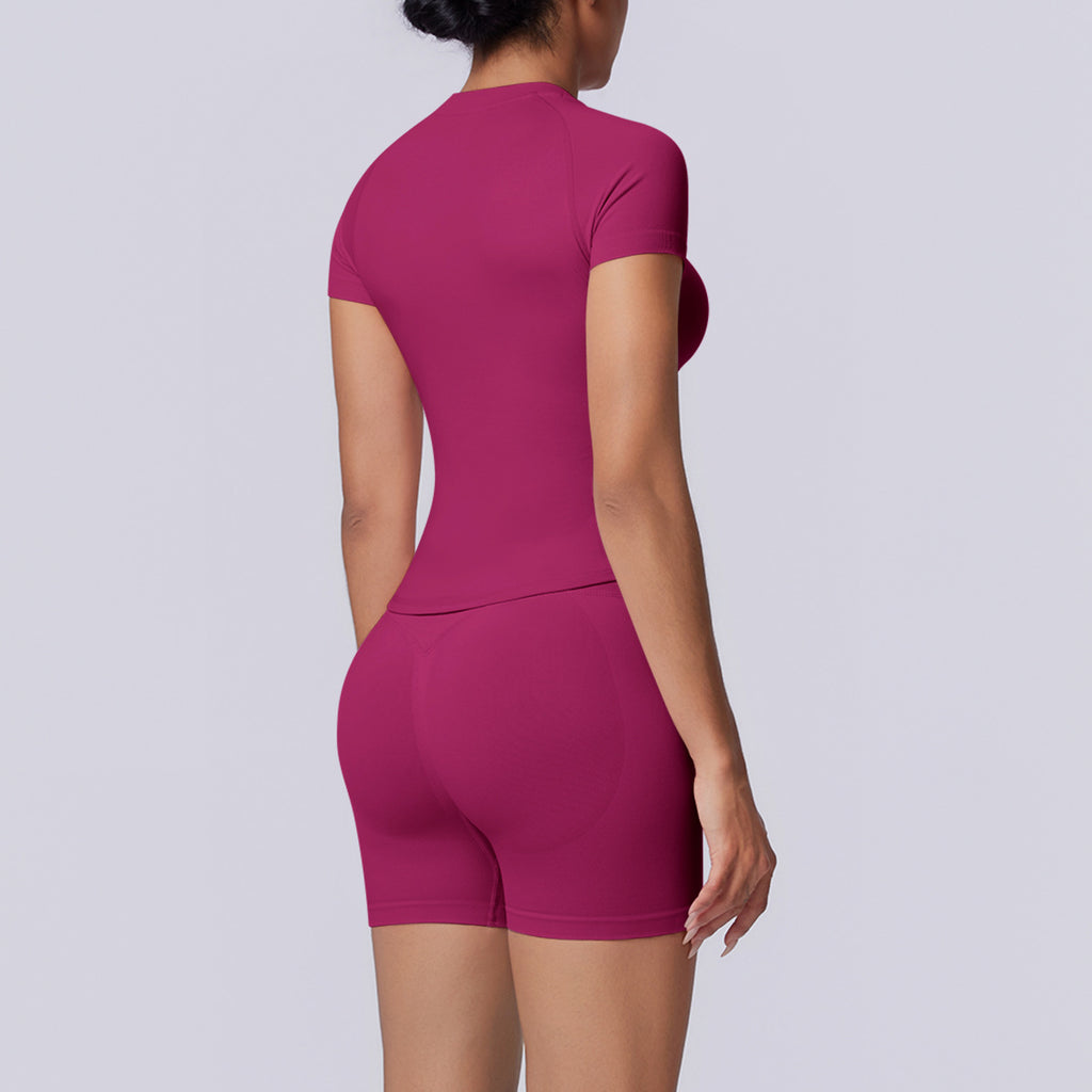 Seamless Knitted Yoga Clothes Slim Fit Short Sleeved Shorts High Waist Peach Hip Lifting Three Section Waist Fitness Yoga Set