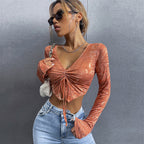 V-Neck Ruched Drawstring Crop Top