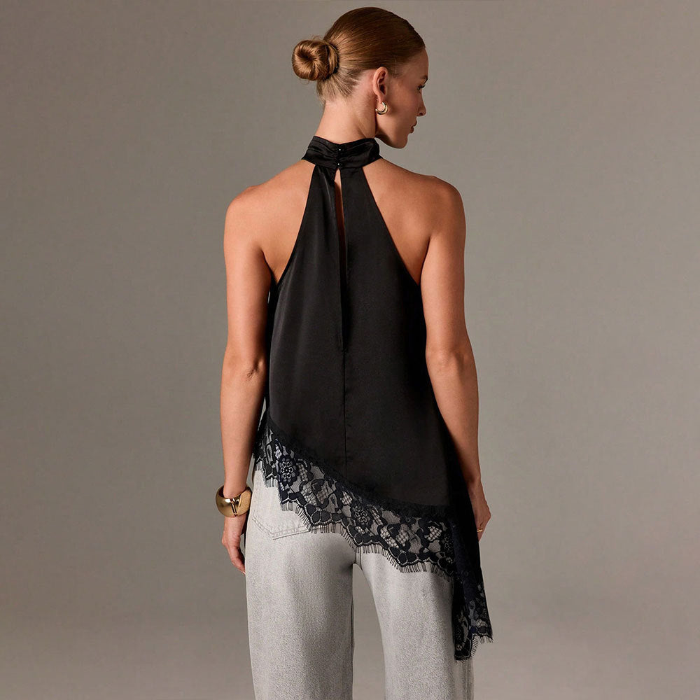 Women's Summer Satin Stitching Lace Vest Halter Sleeveless Small Stand Collar off Shoulder Irregular Asymmetric Top