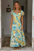 Floral Puff Sleeve Ruffled A-Line Maxi Dress