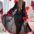 Sexy Thin Transparent Mesh Red Lace Black Robe Sexy Lingerie Set