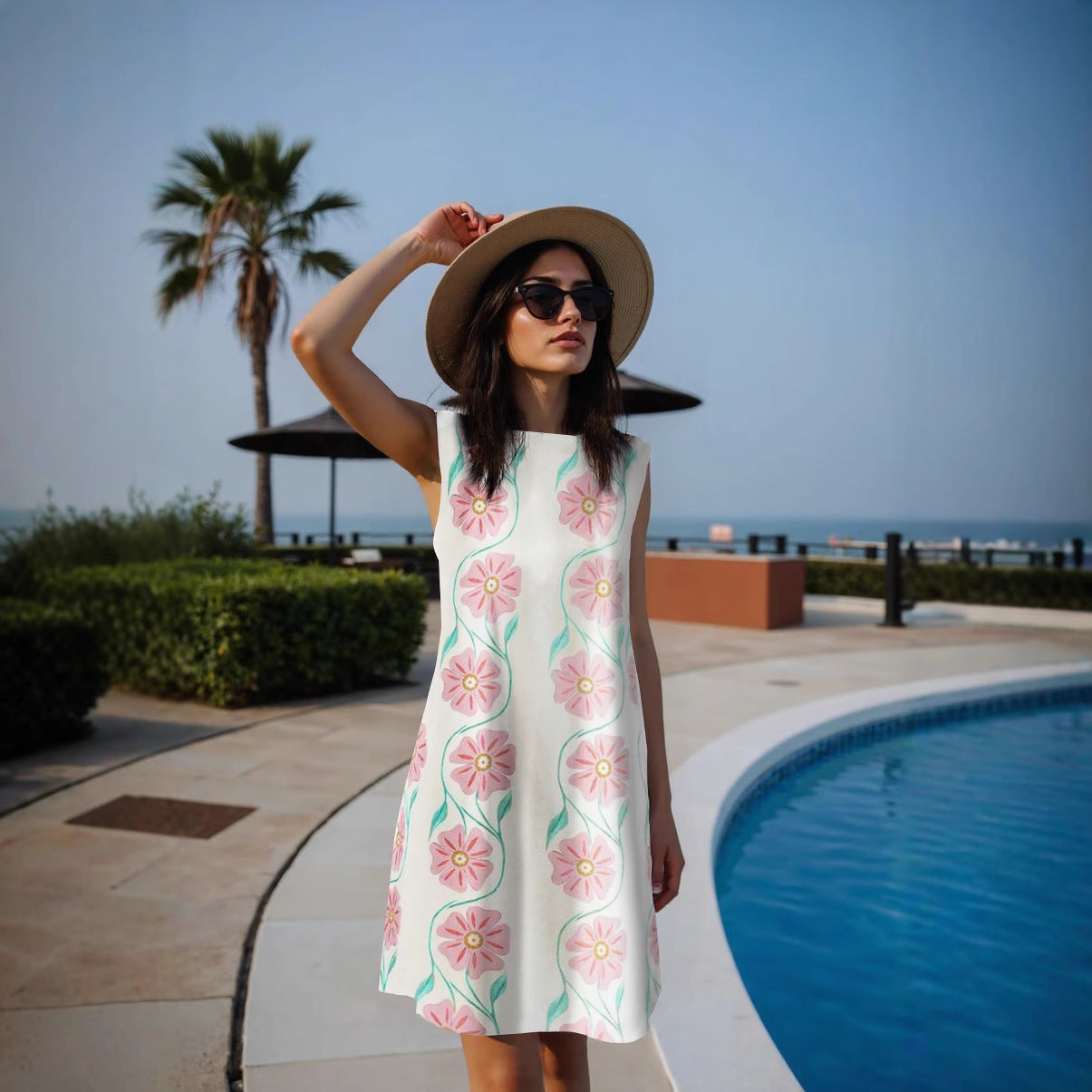 Women's Crew-Neck Floral Cutout Sleeveless Midi Dress