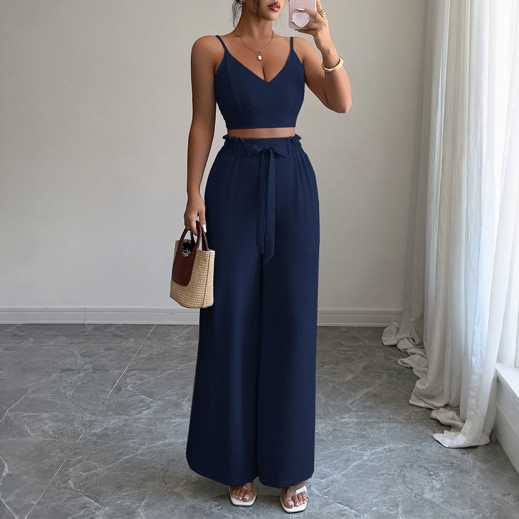 Elegant Strap Vest Drawstring Trousers Spring Summer Two-Piece Set