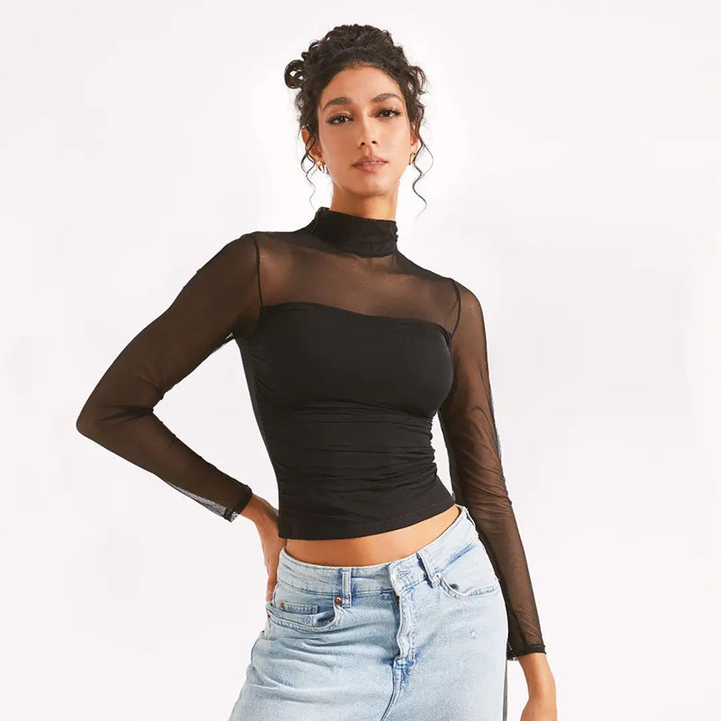 Women's Turtleneck Sheer Mesh Long Sleeve Crop Top