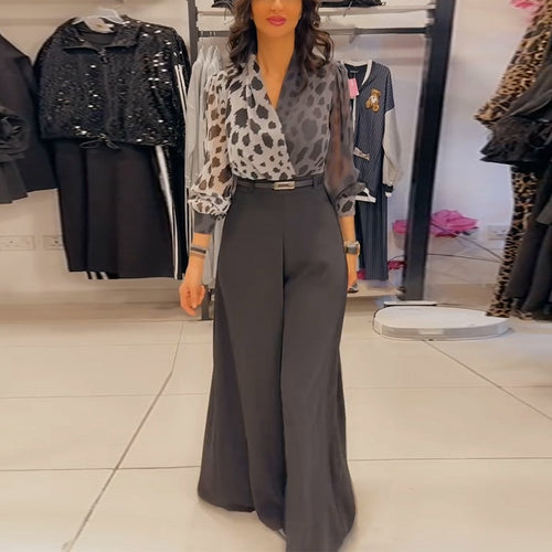 Spring Elegant Sexy V neck Top Printed Wide Leg Pants Two Piece Set