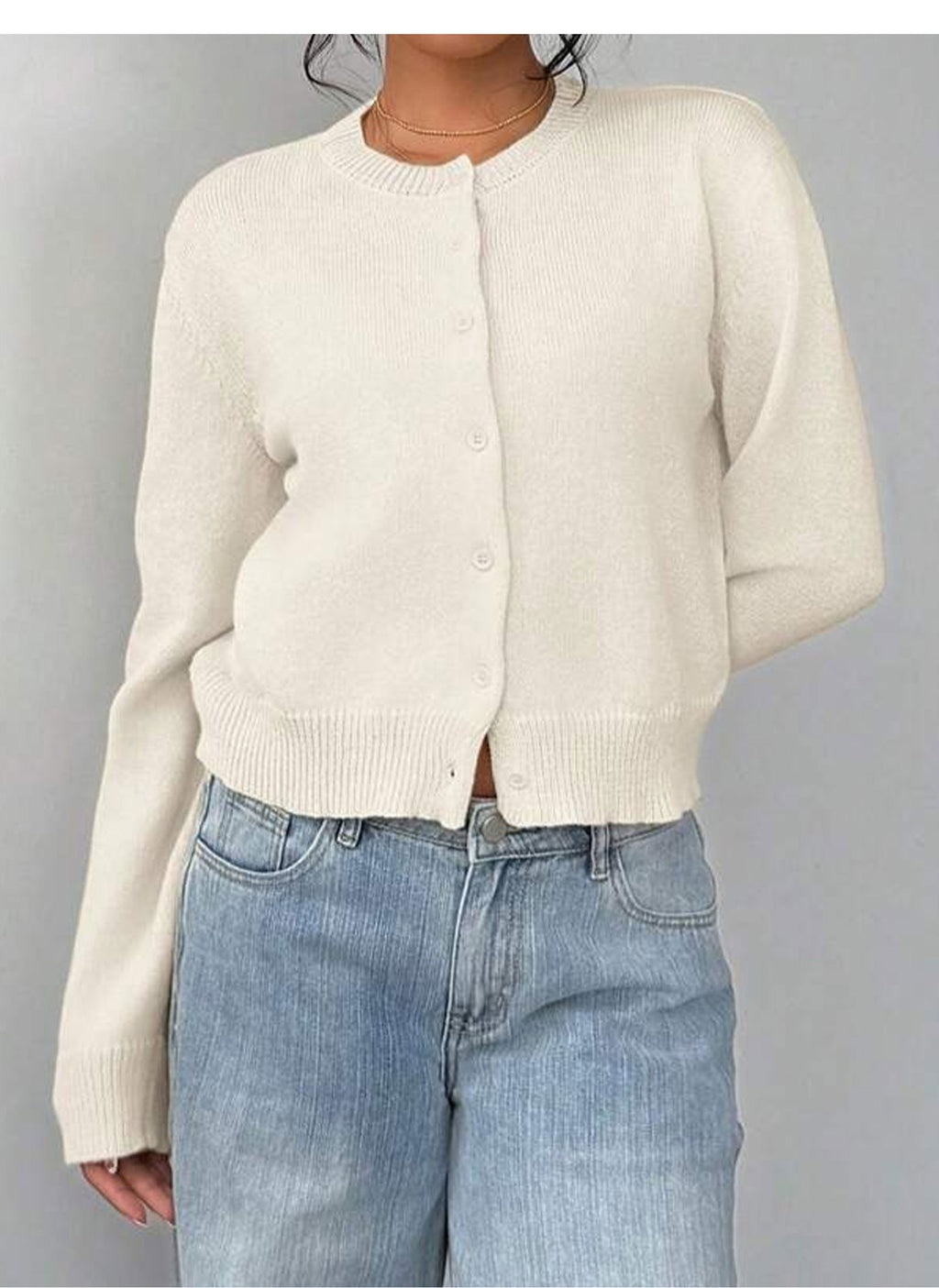 Ivory knitted cardigan for women, round neck, button front, long sleeves