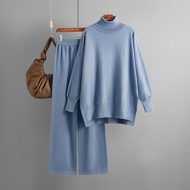 Turtleneck Sweater Suit Autumn Winter Solid Color Slit Loose Casual Knitted Two-Piece Set