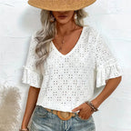 Women's Women Knitted Embroidered Hollow Out Cutout Ruffled V Neck Short Sleeved Shirt Women T Shirt Women Spring Autumn