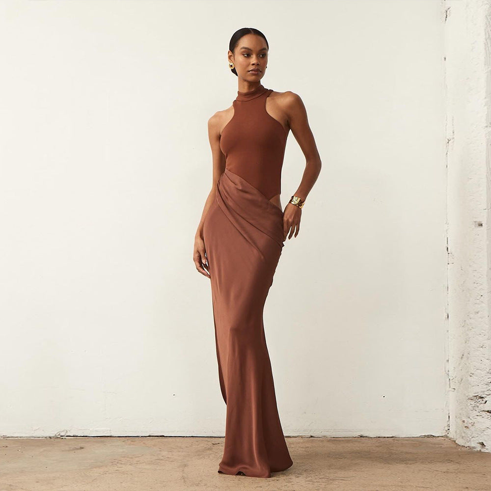 Women's Dress round Neck Sleeveless Slim Fitting Patchwork Maxi Dress Hollowed out Dress