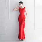 Women's Heavy Beaded Satin plus Chiffon Wedding Dinner Etiquette Dress