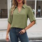 Women's Out Cutout Out V Neck Three Quarter Sleeve All Matching Top