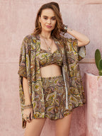 Green Paisley Printing Vacation Skirt Three-Piece Set