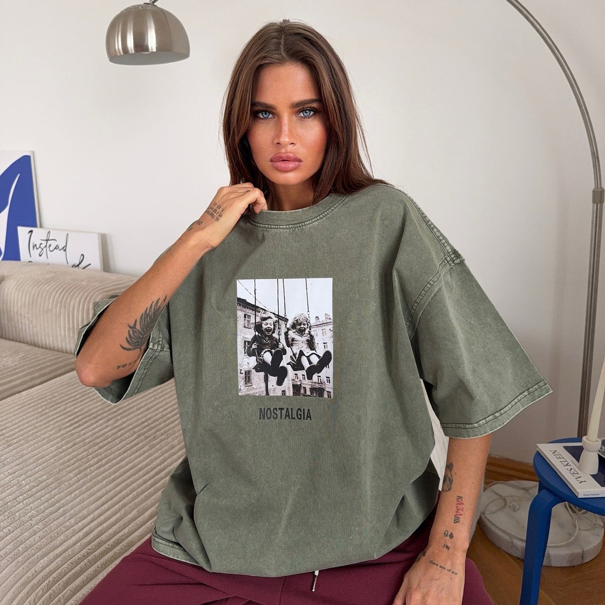 Women's Cotton Print Short Sleeve T Shirt Summer Retro Distressed Short Sleeved Shirt Printed Short Sleeved Women
