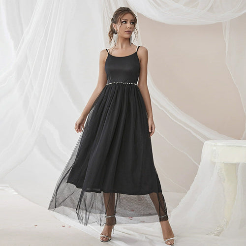Black A-Line Slip Mesh Stitching Sleeveless Slimming Dress