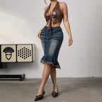 High Elastic Fishtail Sheath Waist Retro Denim Skirt