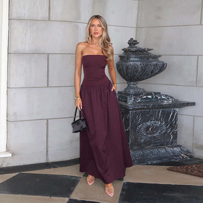 Women's Tube Top Cinched Waist A Swing Sexy Backless Dress Women Spring Summer Sexy Maxi Dress