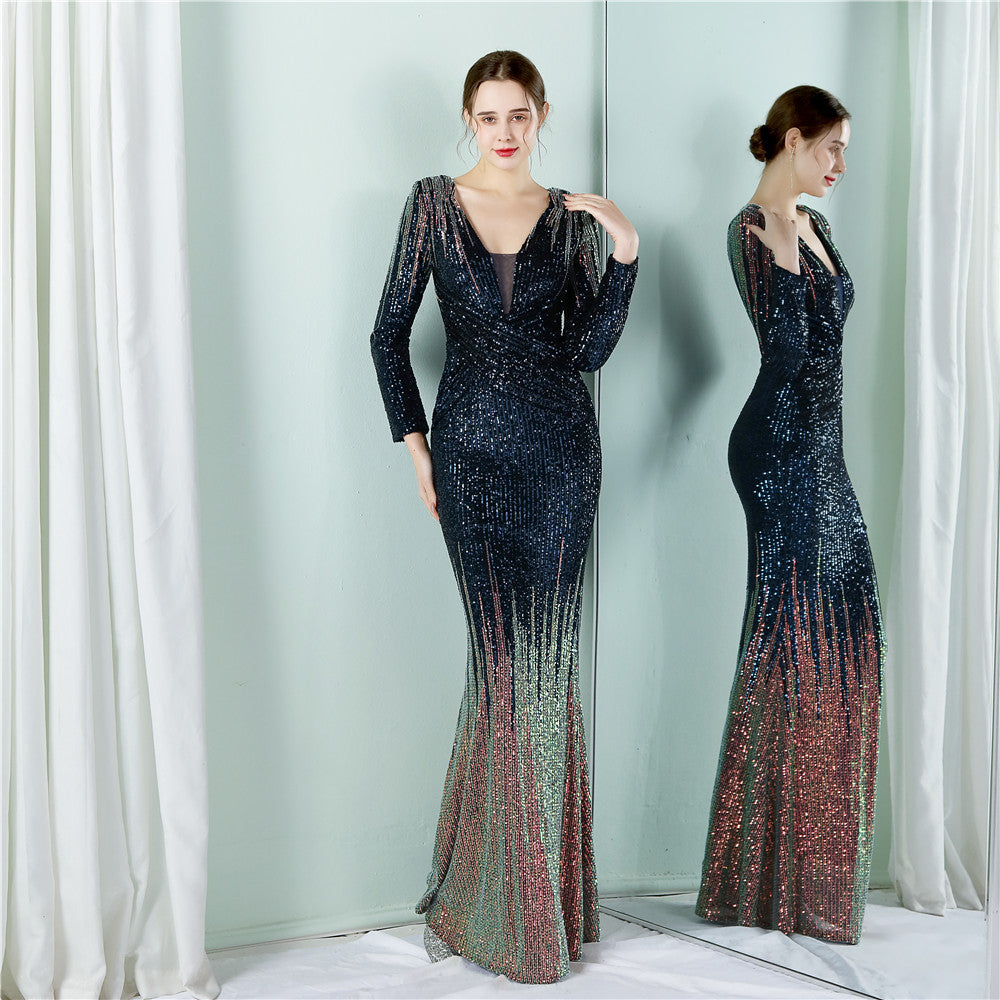 Women's Gradient Sequin Long Sleeve Evening Dress Long Sequin Dress Toast