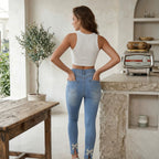 Tight Diamond Decorations Bow Decoration Elastic Slimming High Waist Women Denim Skinny Pants