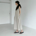 Cotton A-Line Loose Korean Dress Casual Minority Solid Color Sleeveless round