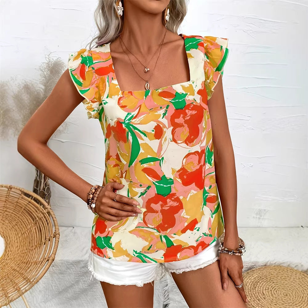 Floral Square Collar Lotus Leaf Flying Sleeves Printed Top