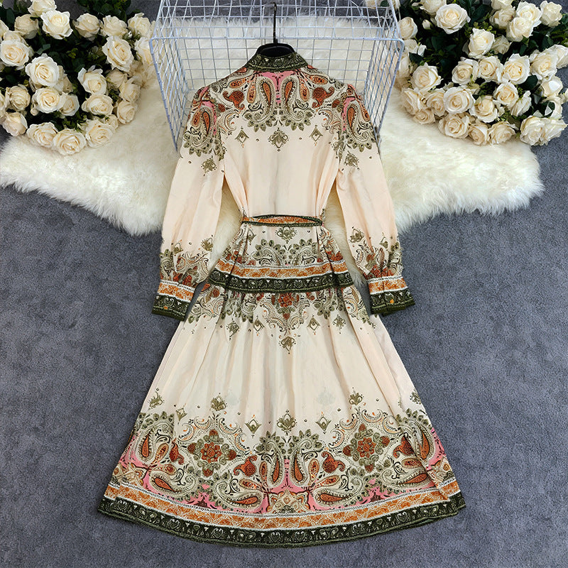 's High Waist Single Breasted Printed Wide Swing Maxi Dress