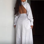 Women's White Backless Collared Maxi Dress