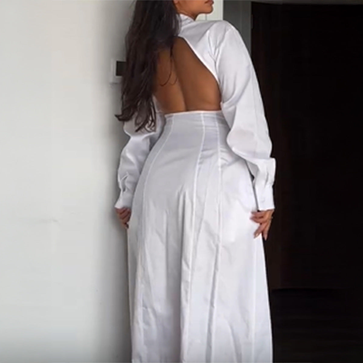 Women's White Backless Collared Maxi Dress