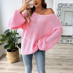 Women Pullover Sweater Beaded Top Women Clothing Simple Loose off Shoulder off the Shoulder Flared Sleeves Sweater