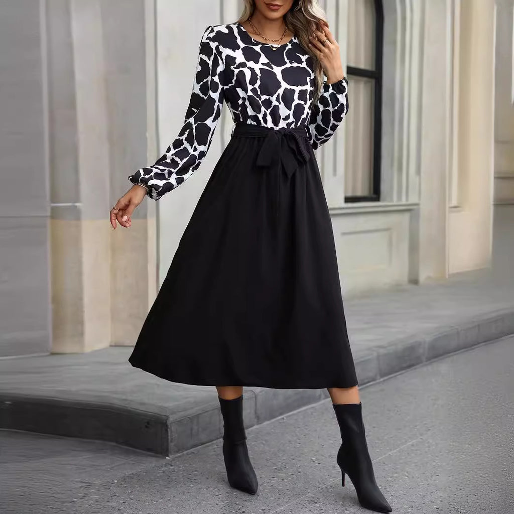 Contrast Waist Long Sleeve Midi Dress