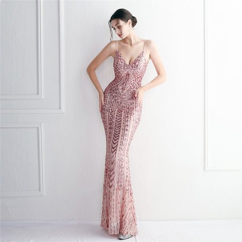 Women's Floral Strappy Party Sequin Dress Long Cocktail Slim Fit Evening