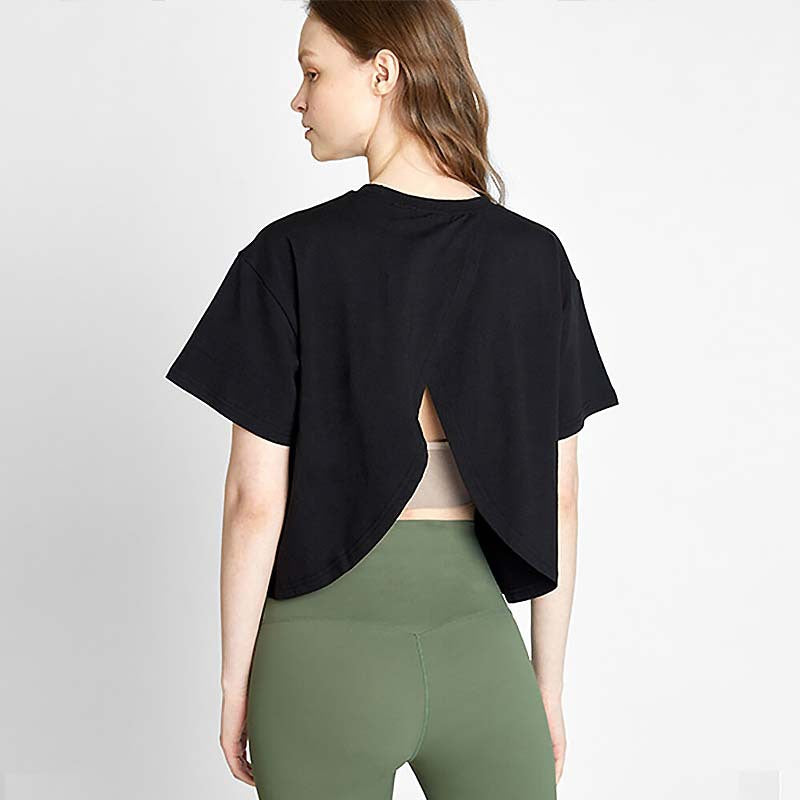 Women's Short Sleeved T-Shirt Pure Cotton Loose Short Backless Crew Neck